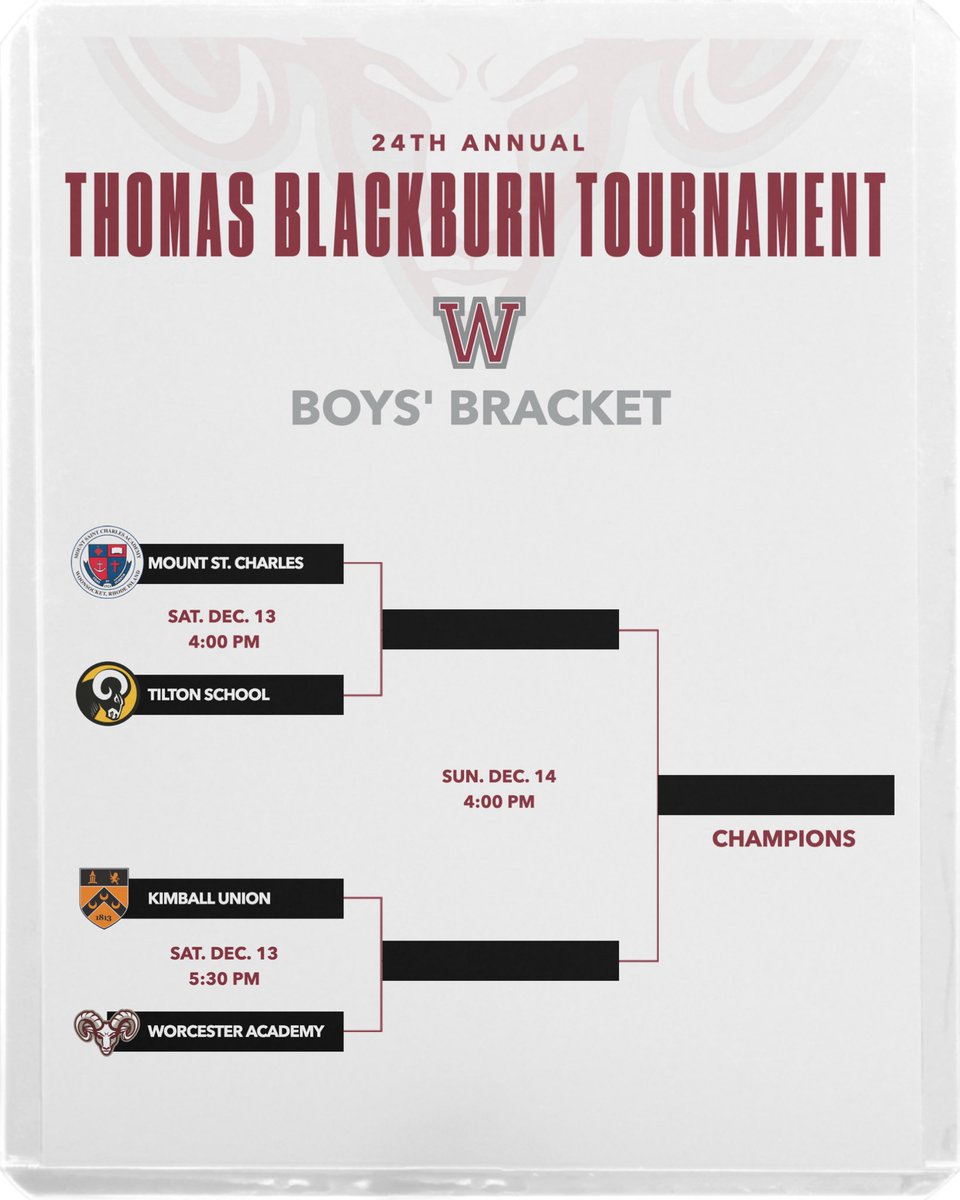 We will be hosting the 24th annual Thomas Blackburn Tournament this weekend. All are welcome to attend!

📍 121 Providence St, Worcester MA

Saturday, Dec. 13
4pm:  Tilton vs. Mount St. Charles
5:30pm:  Kimball Union vs. Worcester

Sunday, Dec. 14
1pm:  Consolation
4pm:  Final