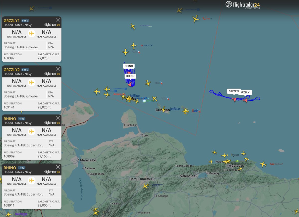 US military GRZZLYs and RHINOs off the coast of Venezuela leading our most tracked flights at the moment: flightradar24.com/multiview/3d7b…