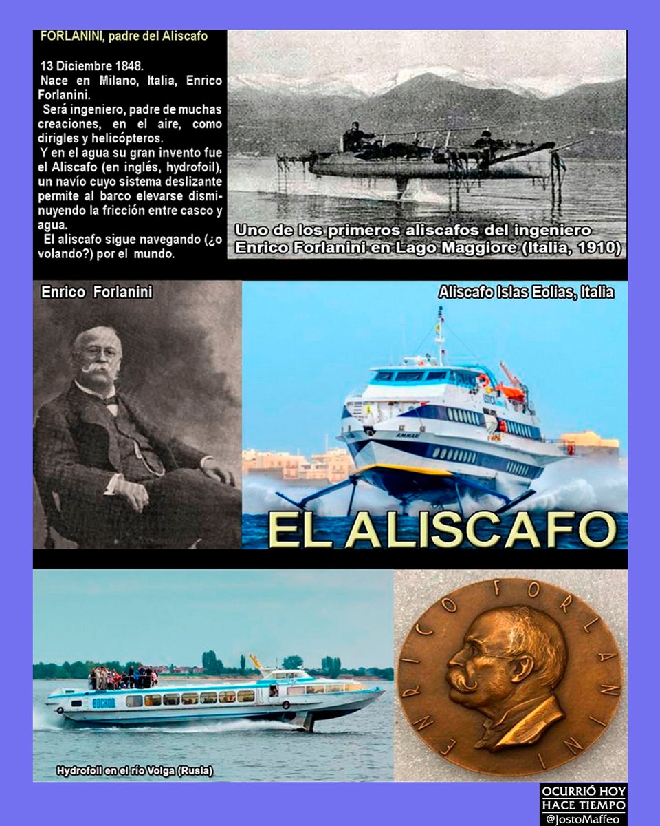 JostoMaffeo's tweet image. 🚤 FORLANINI, padre del Aliscafo 

13 Diciembre 1848. Nace en #Milano, #Italia 🇮🇹, Enrico #Forlanini. 
 Será #ingeniero, padre de muchos inventos. 
 Uno es el #aliscafo (inglés #hydrofoil) navío que desliza y se eleva sobre las aguas. 
 Sigue navegando en el mundo

@controladores