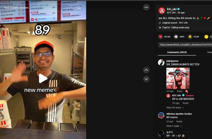 KeloxDev's tweet photo. KFC just dropped a new meme called “89”  

They’re even commenting “89” under random posts. 

It’s going viral fast.  

https://t.co/zEy1xn8YYQ https://t.co/QJoIlAxcwK
