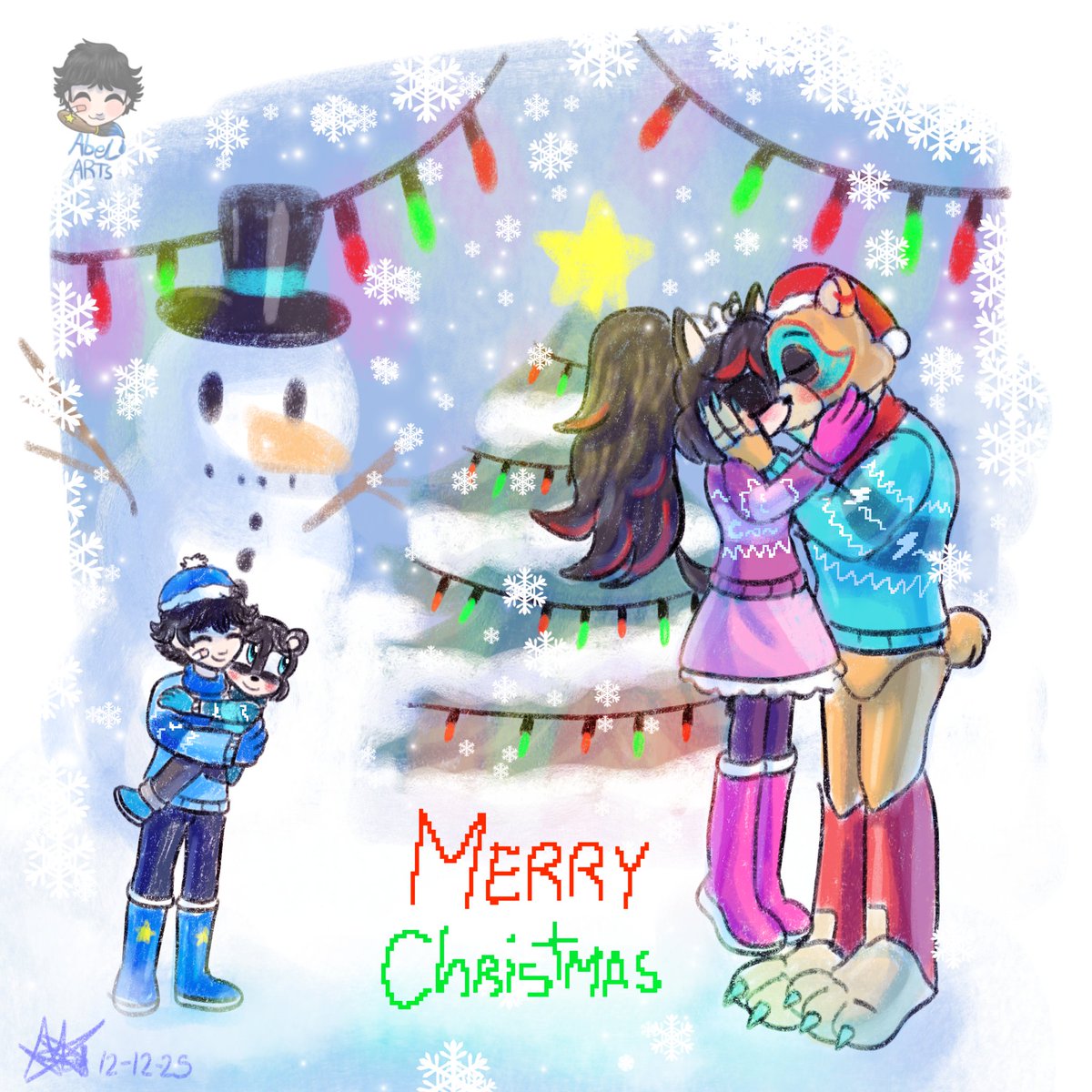Draw for my superstar mom 🎄❄️💙💙👦🏻🩹🩹❤️⭐️🩷🦔🖤❤️
#MerryChristmas 
#fnafoc 
#glamrockfreddy