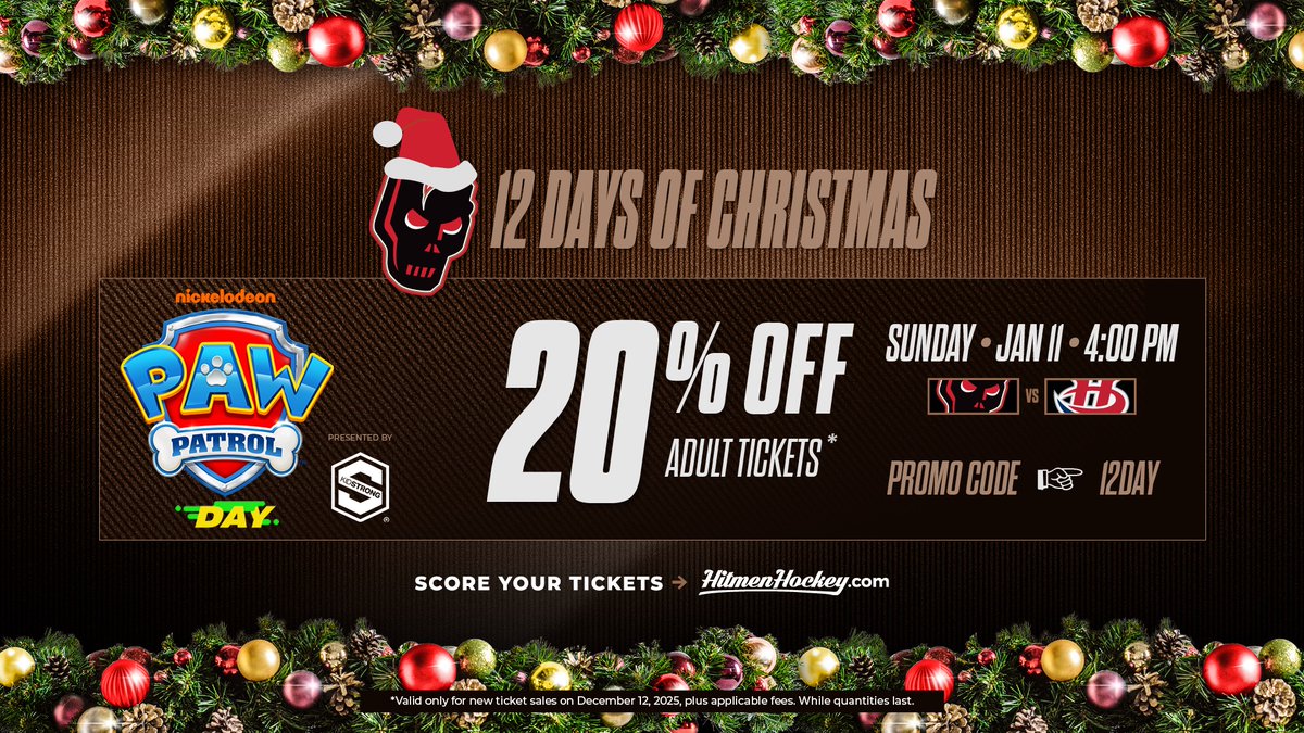 Day 12! 🐾 Get 20% off adult tickets for PAW Patrol Game January 11 vs  Lethbridge Hurricanes! Use Promo Code: 12DAY 🎟️➡️https://t.co/1ihZ38UyWk, image size:1200x675