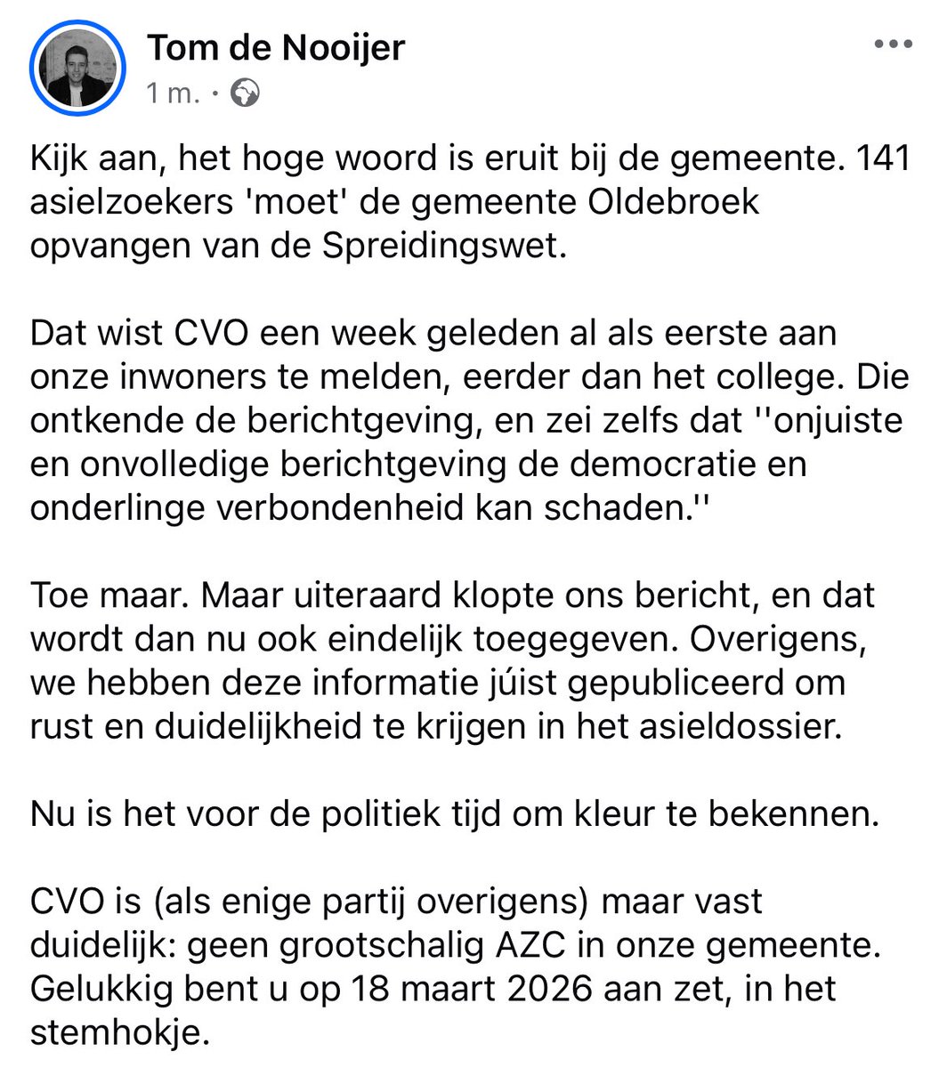 Na grote verwijten van de burgemeester dat ik “de democratie zou schaden”, 

is nu tóch toegegeven dat mijn ‘scoop’ klopte.

Daarmee informeerde ik onze inwoners als eerste én correct over dit belangrijke nieuws. Dat is zelfs mijn plicht.

Artikel: destentor.nl/oldebroek/raad…