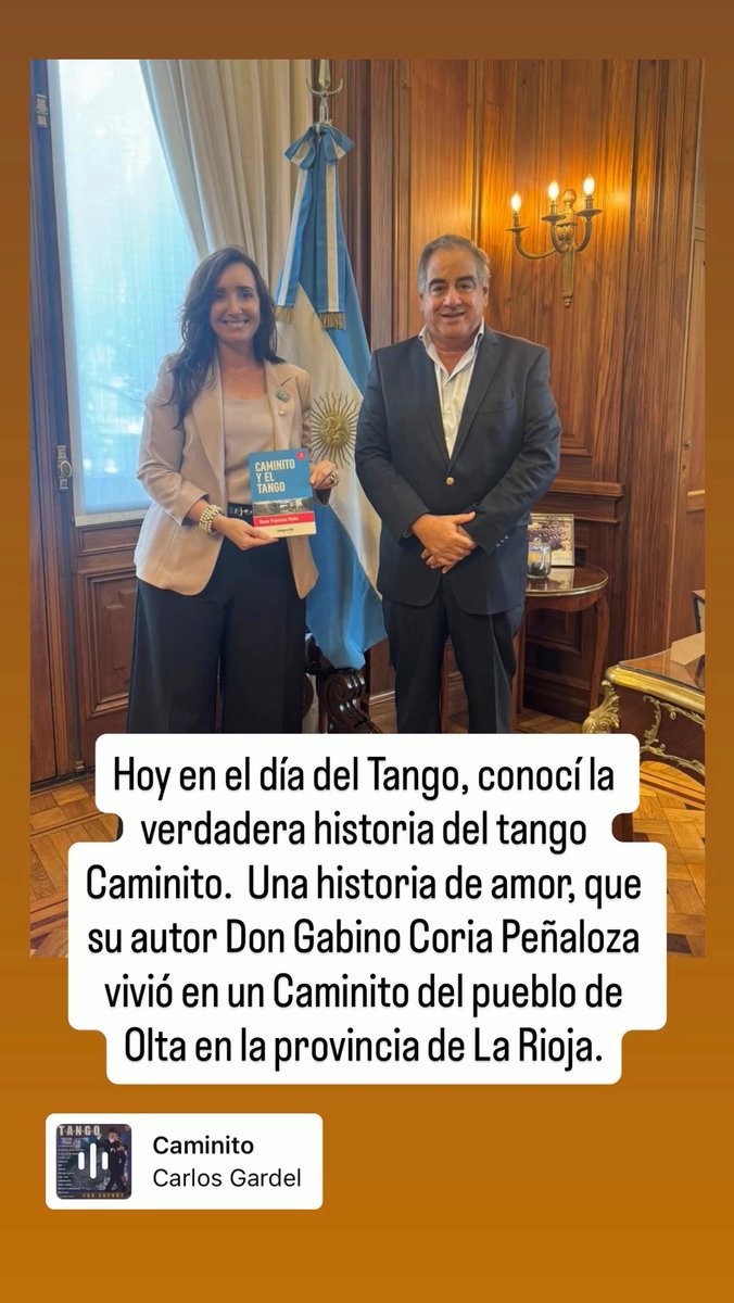 Ayer, 11 de diciembre, Día Nacional del Tango, Victoria Villarruel 🇦🇷 conoció la historia del tango Caminito y la de su autor, Gabino Coria Peñaloza, a través del libro "Caminito Y El Tango" del escritor olteño Oscar Francisco Vilche.