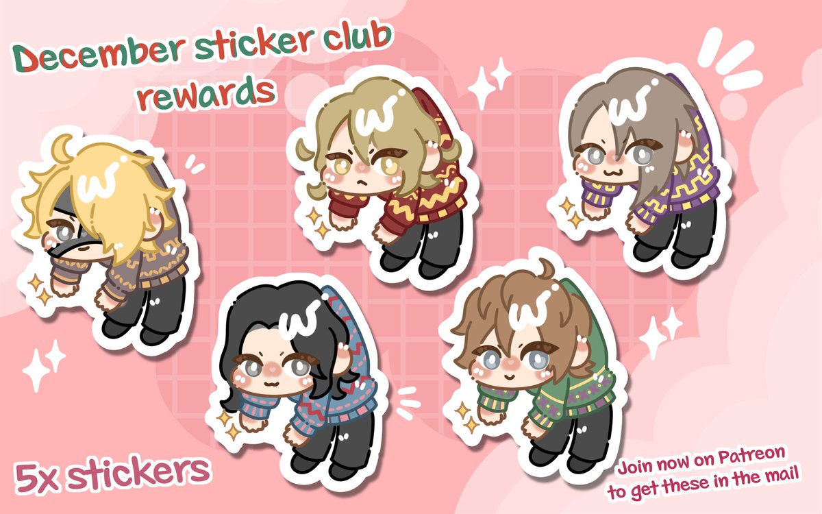 Mitsuo_draw's tweet photo. December sticker rewards!
To end the year on a high note and celebrate my favorite time of year, the month of December won’t have just two reward stickers, but five! One design for each member of the band ✨️🎄❄️
https://t.co/dHy9cP3Yo4
#thegazette #sixthgun #stickerclub https://t.co/Y4FuhmRbzA