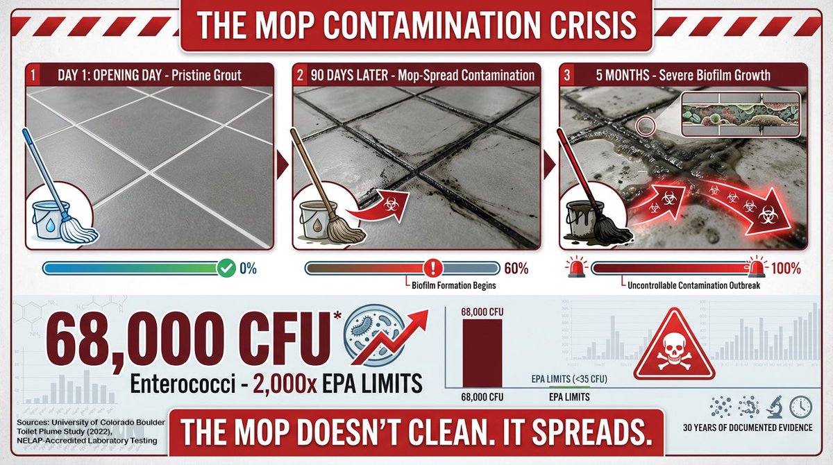FilthyFloors's tweet photo. Day 1: White grout
90 days: Black contamination
5 months: Biofilm outbreak

Lab results: 68,000 CFU/100mL fecal bacteria
1,943× EPA beach water limits

THE MOP DOESN'T CLEAN. IT SPREADS.

10,000 miles documented in 2025.
As well as an additional 800+ restaurants.

Black grout everywhere.

Add weight. Watch it disappear.

#justlookdown #groutisnotblack