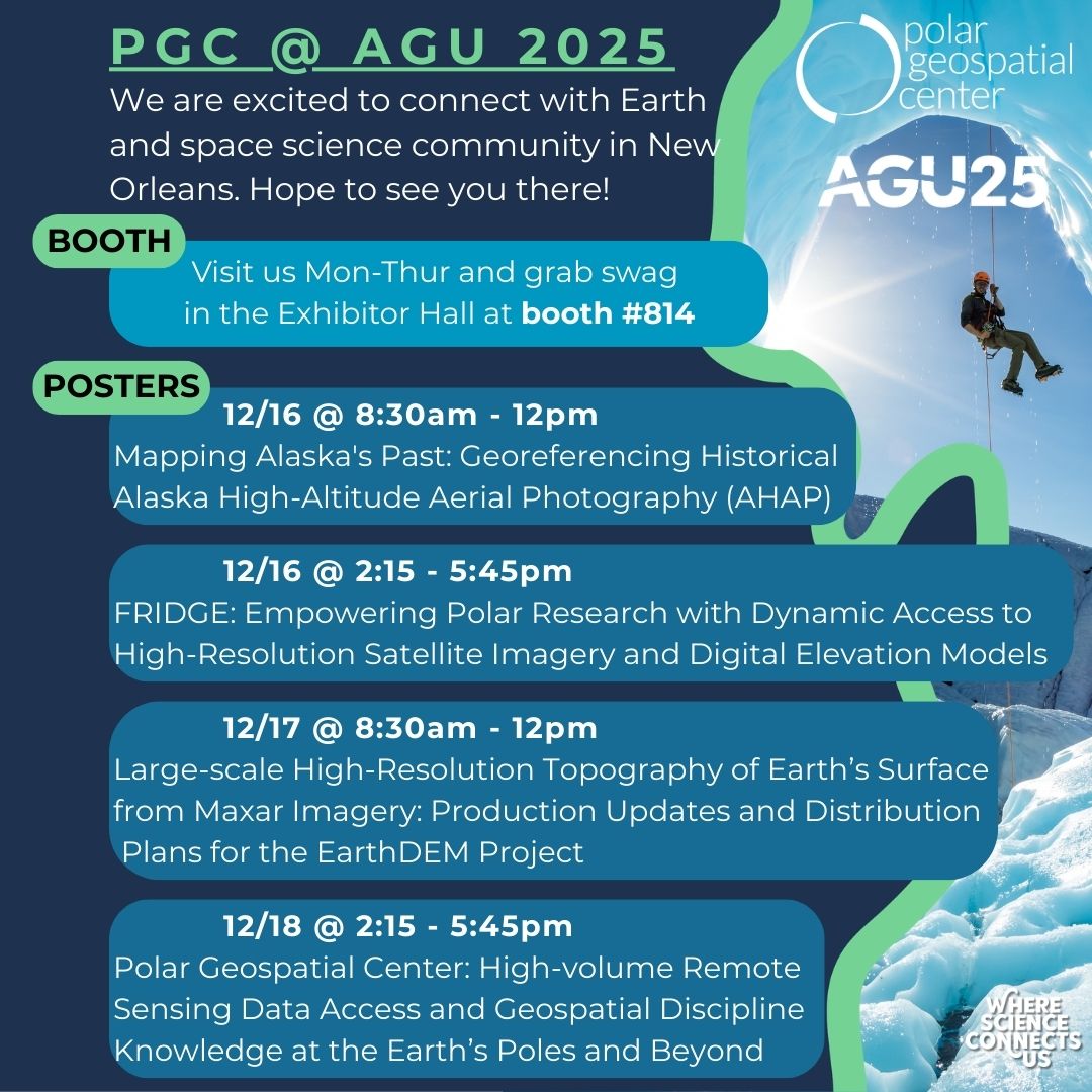 Latest PGC newsletter is available highlighting how to connect with us at #AGU25, Arctic tasking deadline, newly available #EarthDEM, and our student's award-winning map. Check it out here: mailchi.mp/umn/pgc-update…