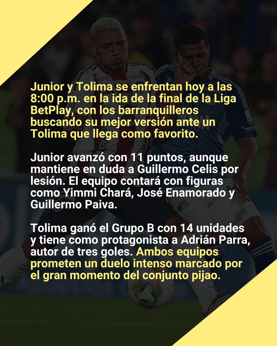 ADNMedellin's tweet photo. ⚽✨ Junior y Tolima disputan hoy el primer capítulo de la final, en un duelo clave para ambos. #FinalLiga #ADNdeportes
📍 Lee más en https://t.co/IoeR9FKSvW https://t.co/Bzw8rA010c