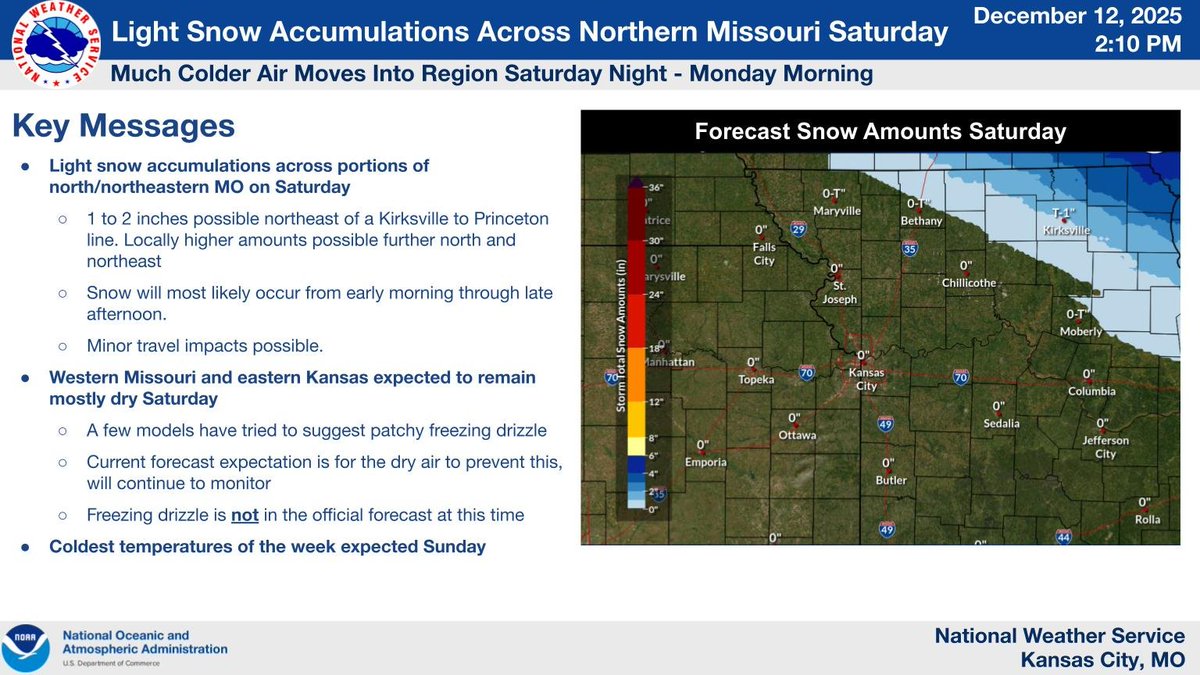 NWSKansasCity's tweet image. Minor snow accumulations are possible Saturday for far northern to northeastern Missouri. Then, bitterly cold temperatures move into the area Saturday night through Monday morning.  Fortunately, temperatures are expected to warm later next week.