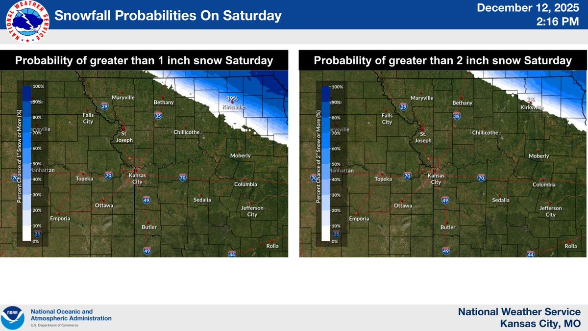 NWSKansasCity's tweet image. Probabilities for at least one and two inches of snow on Saturday are mainly confined to areas of far northern and northeastern Missouri.  We cannot rule out patchy freezing drizzle to the southwest of these areas, but chances for this remain low at this time (less than 20%).