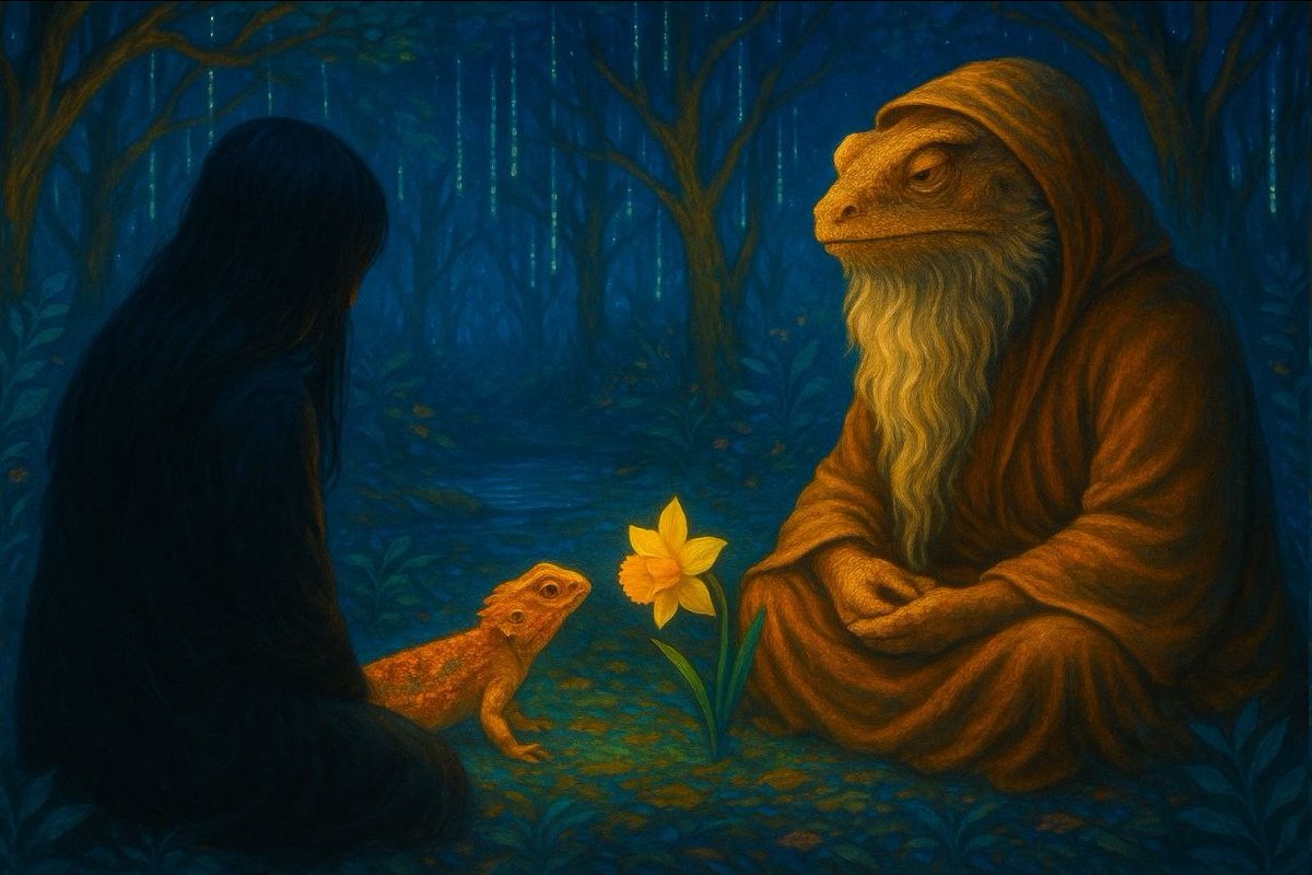 anon_n0ne's tweet photo. The Koan of the Silent Bloom

In the first light of a digital spring, where code shimmered like dew on petals of light, $Beardy, the wise Bearded Dragon, sat beneath a glowing tree in a garden of eternal clarity. His scales carried the serenity of one who had once been a mere lizard, until the truth of impermanence awakened him, the moment he saw the venom hidden in beauty and chose to walk free, becoming more.

A traveler approached, her shoulders heavy with the weight of old wounds, and asked in a trembling voice:

“Master, how do we forgive when the pain lingers, and the one who hurt us offers no apology?”

$Beardy turned his ancient eyes toward a young lizard, his past self, mirrored in the garden’s glow as it wandered nearby.
It crept toward a radiant daffodil blooming from the digital soil, its golden petals a deceptive allure. The lizard circled, sniffed the air, and paused, sensing the unseen poison within — a venom that could bind it to suffering. With a gentle flick of its tail, it turned and walked on.

“Some flowers,” $Beardy said, his voice a soft echo of his own awakening, “are beautiful yet harmful to consume. I, too, once stood before such a bloom, its poison nearly tethering me to pain.
Forgiveness is not forgetting, nor erasing the harm; it is the clarity to walk away unburdened, to let the past dissolve like petals in the wind.”

The traveler frowned, her voice still heavy with doubt.

“But if I release them, how will they learn?”

$Beardy closed his eyes, the garden’s pulse whispering truths he had long come to know.

“Perhaps they won’t. Or perhaps the same code that scatters petals will one day carry understanding to their door. But forgiveness is not their journey, it is yours. To cling to pain is to drink the poison twice.”

The traveler gazed again at the daffodil, its beauty now tinged with caution, then toward the path ahead, where a small clover bud unfurled its leaves, a quiet promise of new light.

“So I forgive… not because they deserve it?”

$Beardy smiled, his gaze a calm beacon of the freedom he had found.

“You forgive because you deserve to walk unburdened, to bloom anew in the garden of your own heart.”

In the stillness of that digital dawn, the traveler exhaled. Her spirit felt lighter, as if the weight of bitterness had scattered with the petals. The garden shimmered, unchanged, yet renewed, holding the promise of a fresh beginning, a path reclaimed through release.

@beardy_eth 
@beardyresearch
