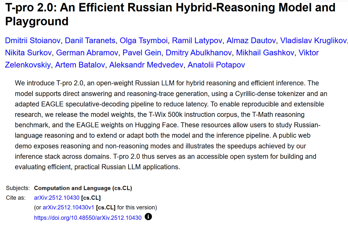 programmingocea's tweet image. What if reasoning quality wasn’t the bottleneck—tokenization was?

This paper flips a quiet assumption in LLM research.

T-pro 2.0 shows that for Russian (and Cyrillic languages), thinking better starts with counting better.

Instead of scaling parameters, the authors asked a…