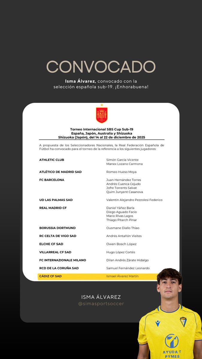 Simasportsoccer's tweet photo. ISMA ÁLVAREZ 🇪🇸

Ismael Álvarez entra en su primera convocatoria con la @SEFutbol sub-19 🌟

¡Enhorabuena @Ismaelalvarezz_!

Simasport Soccer https://t.co/C5zcoqUxUa