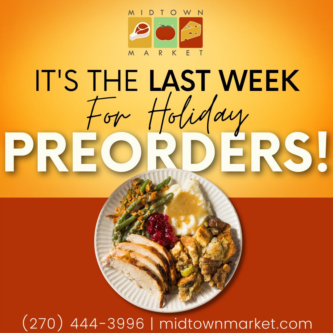 MidtownMarket's tweet photo. PSA: Only one more week to get your Christmas Eve preorders in! Custom cut meats, holiday sides, pies, cakes, rolls, and more.

How to order:
Visit our website: https://t.co/sEox5m8gTu

Give us a call at (270) 444-3996

or stop by Midtown Market at 3000 Broadway St Paducah, KY. https://t.co/EApq2KhjtG