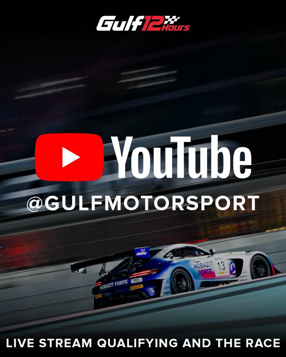 The battle for pole is on! ⏱️🥊 

Qualifying kicks off Saturday at 18:00 GST 🇦🇪 (15:00 CET 🇪🇺) - subscribe to our YouTube channel now and get your live stream link ready for the 15th Gulf 12 Hours ➟ youtube.com/watch?v=1t-P4C… 📺

#Gulf12Hours ➟ 𝟭𝟰 𝗗𝗲𝗰𝗲𝗺𝗯𝗲𝗿 𝟮𝟬𝟮𝟱