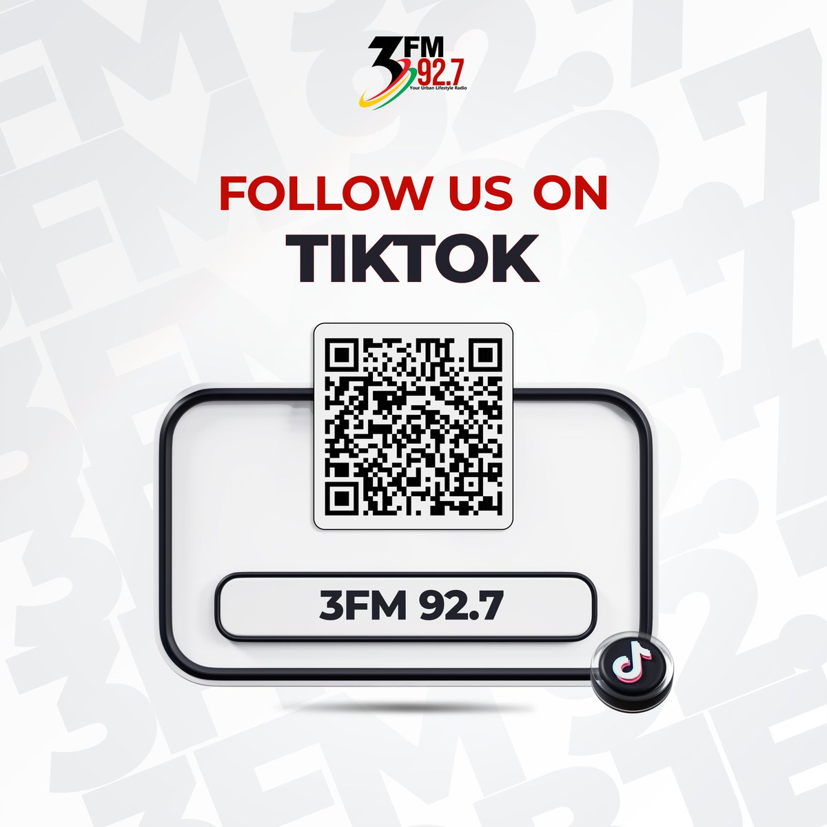 3fm927's tweet image. We're on TikTok!

🎶 Follow 3FM 92.7 on TikTok! 💃
Want more of your favorite urban lifestyle radio? 

Scan the QR code or search for 3FM 92.7 to join the fun! 
The best of the urban lifestyle

Don't miss out! Tap/Scan and Follow us today!

#3FM927 #FollowUs #UrbanLifestyle