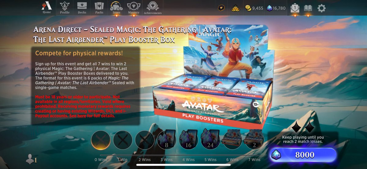 Since when has Arena Direct for Play Boosters been 8000 gems?