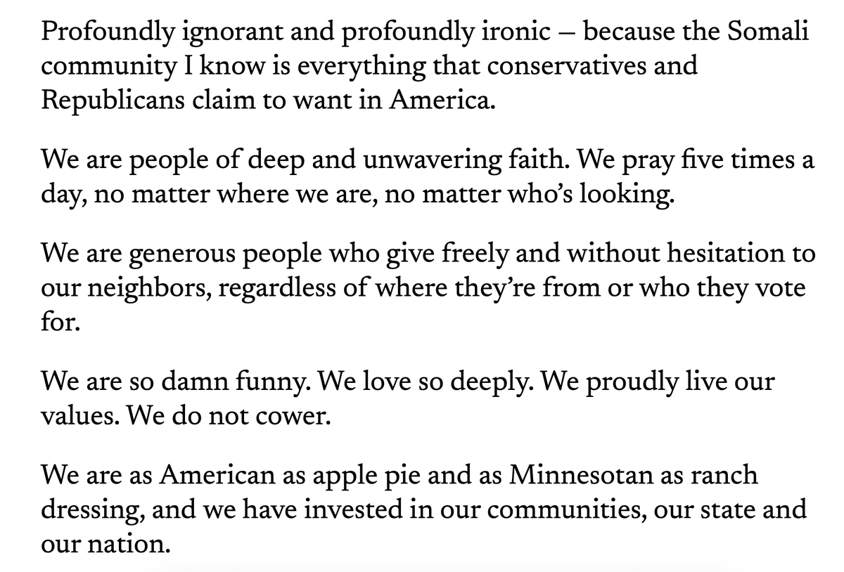 SenTinaSmith's tweet image. Somali Minnesotans can speak to this xenophobia so clearly because they feel the consequences of his hateful words.

Here's what one of them has to say: