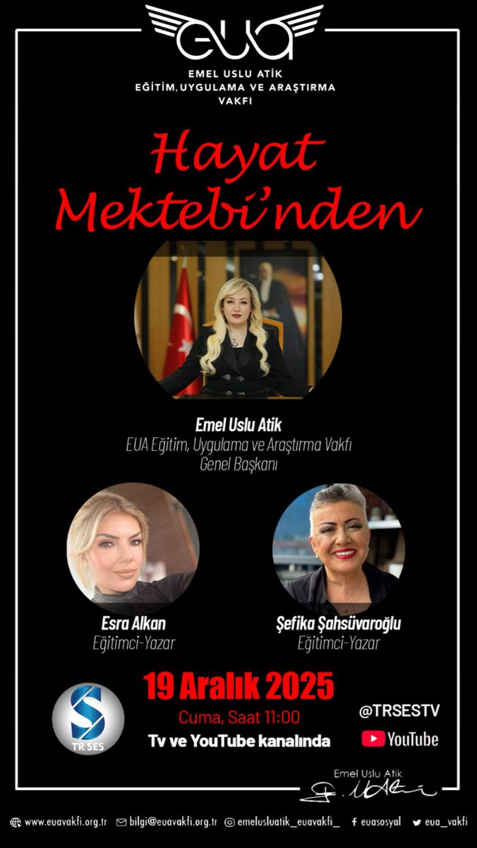 Hayat Mektebi’nde buluşuyoruz❗️🌟

Genel Başkanımız Emel Uslu Atik, eğitmen-yazarlar Esra Alkan ve Şefika Şahsuvaroğlu ile değerli paylaşımlar için bir araya geliyoruz.

📅 19 Aralık 2025 – Cuma, 11.00
📺 TR SES TV ve YouTube üzerinden canlı yayınlanacaktır.

@TRSESTV
<a href="/esrlkan/">esra alkan</a>