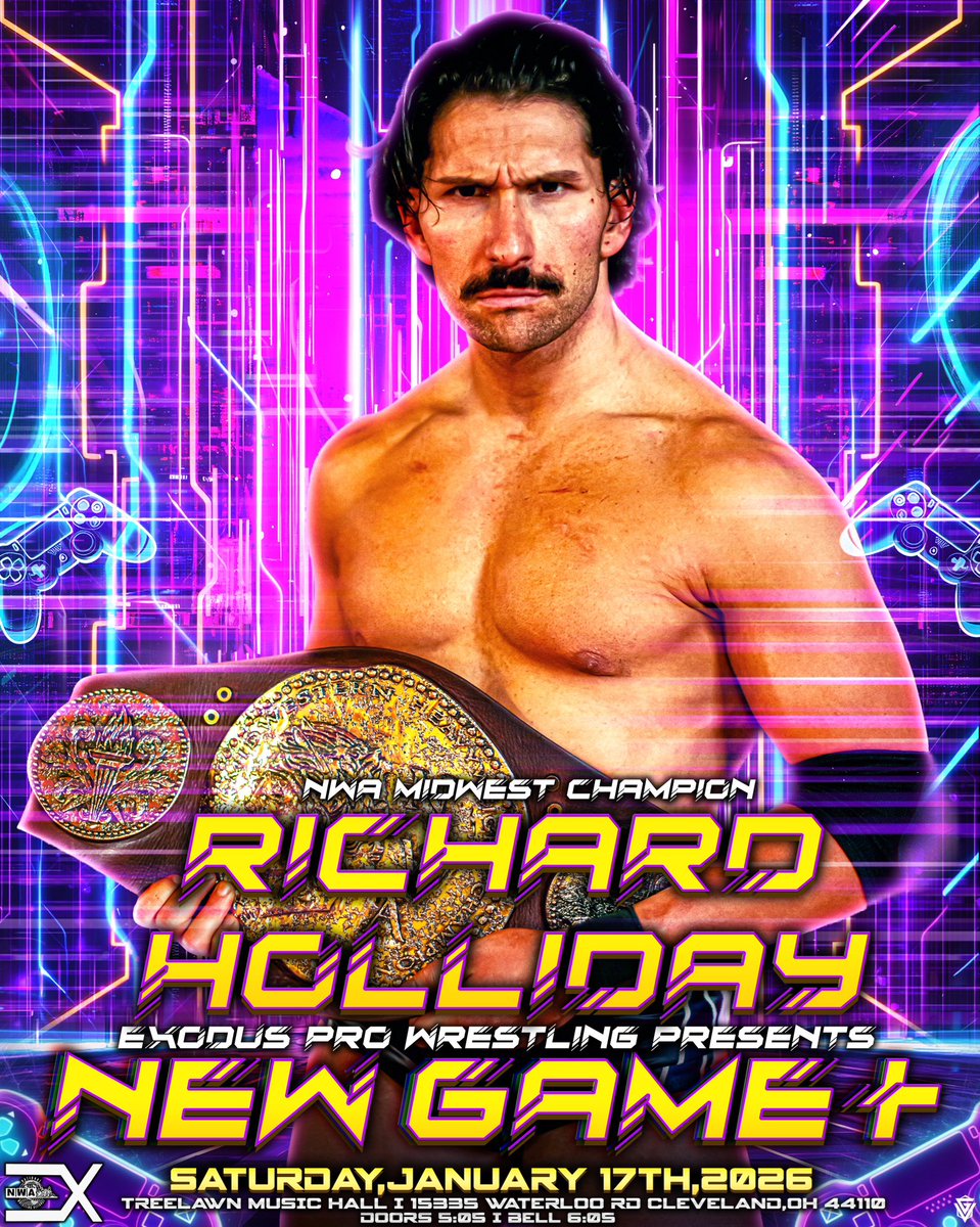 🚨TALENT ANNOUNCEMENT🚨

After shocking the world with his signature move, the new NWA Midwest Champion <a href="/MostMarketable/">Richard Holliday</a> makes his first title defense at “New Game+”!

Richard Holliday begins his reign at the top of #ExoPro with a roster full of hungry challengers, but he’s not