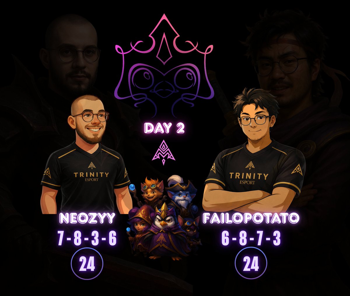 Direction le Day 2 🔥
<a href="/NeozyyTFT/">Neozyy</a>  et <a href="/FailoPotato/">Failo Potato</a> décrochent leur qualification.
Tellement fiers de leur performance, le travail paye, continuez comme ça 💪 Trinity derrière vous 🖤🧡