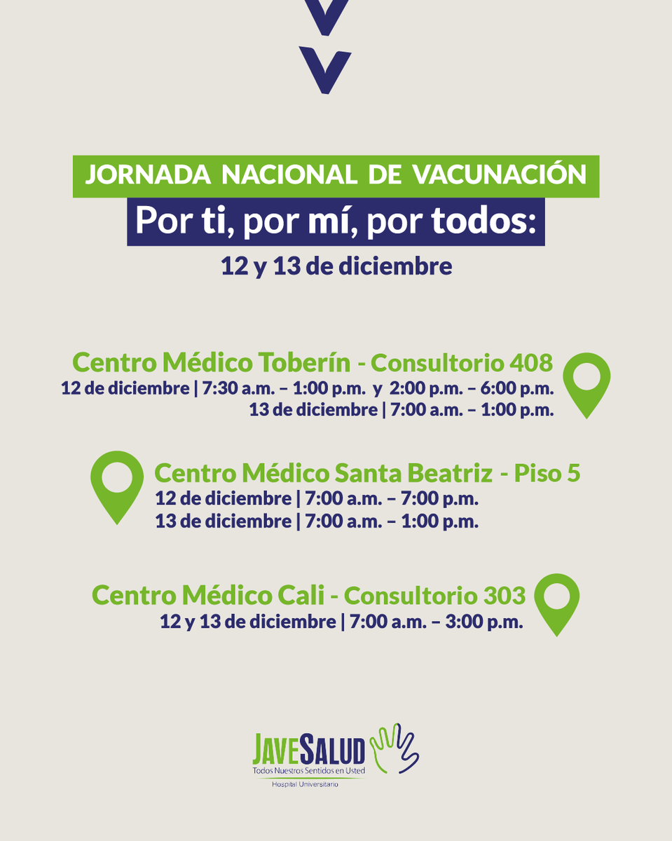 💙 Cuidarnos es tarea de todos
Este 12 y 13 de diciembre súmate a la Jornada Nacional de Vacunación en Javesalud.
Para niños, jóvenes, gestantes y +60. ¡Vacunarte es quererte! 💉