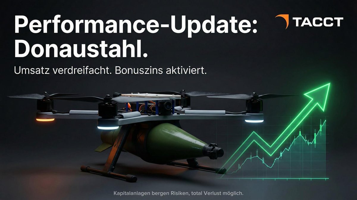 tacctX's tweet photo. 8,4 % Zinsen. Umsatz verdreifacht. 📈 @DonaustahlGmbH  liefert ab – und Investoren profitieren direkt durch den Performance-Bonus.

Das Zeitfenster schließt sich. Die Zeichnung der Anleihe endet unwiderruflich am 30.12.

Warum wir jetzt den Turbo zünden: Ein Thread. 🧵👇 #DefenceTech #Investieren #eWpG