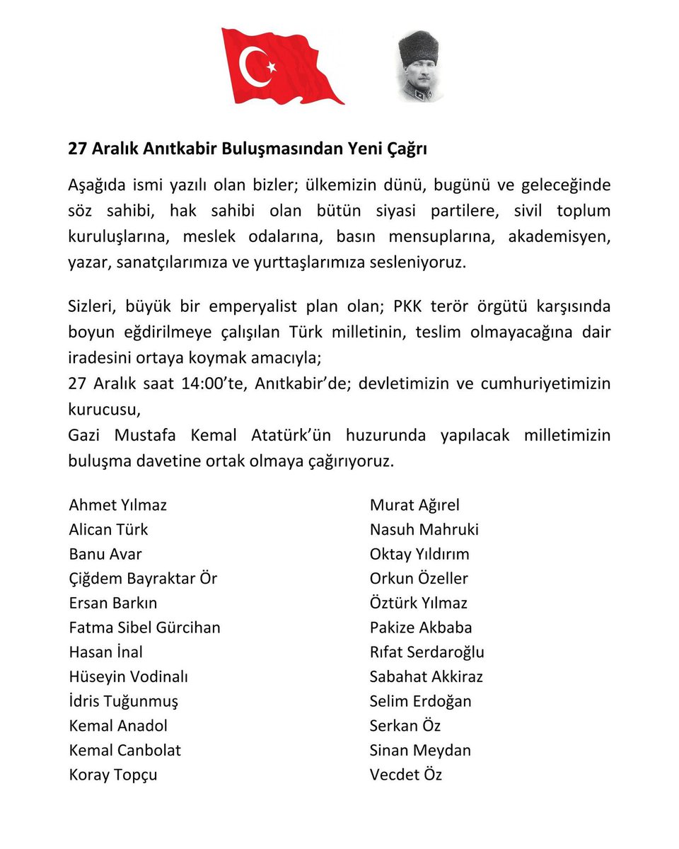 BayraktarOr's tweet photo. Bizler 27 Aralık’ta, Ankara’da Ata’mızın huzurundayız, Anıtkabir’deyiz. 

Bundan 106 yıl önce, Ata’mızı karşılayan Ankara’dan Türk ulusunun teslim olmayacağı duyurulmuştu. Aynı gün, aynı yürekle… 
Hepinizi bekliyoruz. 

#NeMutluTürkümDiyene 
#AnıtkabirBuluşması https://t.co/2LD8vdzSvP
