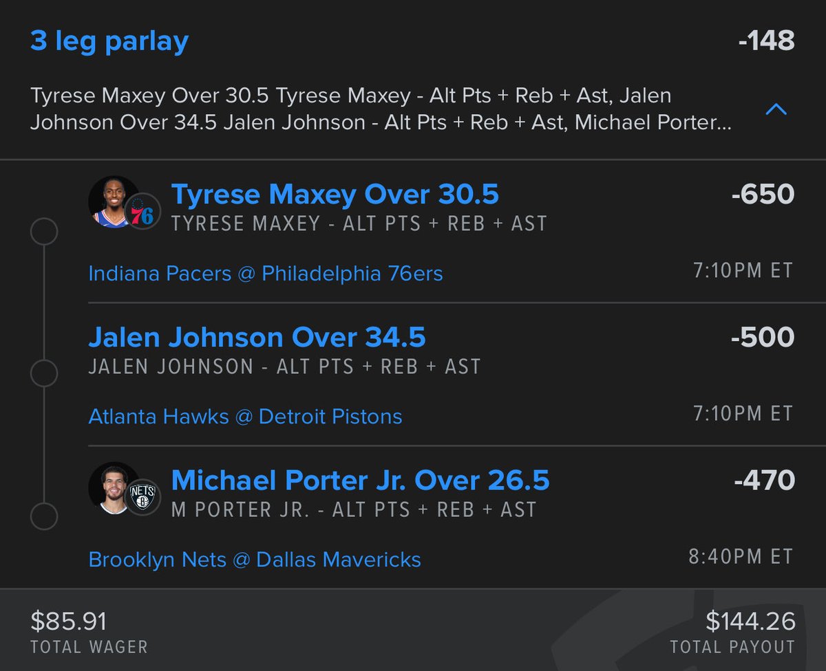 InTheLabLocks's tweet image. 🚨$50 to $1k Challenge🚨 Day 2!

Day 1: $50➡️$85.91✅
Day 2: $85.91➡️$144.26

Let’s keep it’s going! 🧪🥼
#NBA #Parlay #Ladder #LockItIn