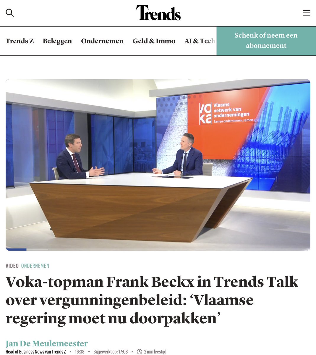 Volgende week is er de misschien wel belangrijkste hervorming ooit van deze Vlaamse regering <a href="/MDiependaele/">Matthias Diependaele</a>. 

Fundamentele en zeer concrete bijsturing door <a href="/jobrouns1/">Jo Brouns</a> van het vermaledijde vergunningenbeleid. 

Ik besprak het met de CEO van <a href="/vokavzw/">Voka - Vlaams netwerk van ondernemingen</a> <a href="/FrankBeckx/">Frank Beckx</a> 👉 Link