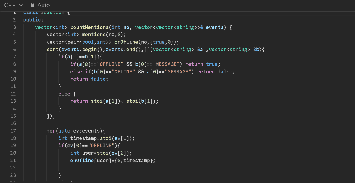 diwa810's tweet image. Day 111 of #100DaysOfCode today solved the #potd on #LeetCode
LC[3433]first sort the event arr on the basis(timestamp &amp;amp; offline)
after that maintain a offline arr
now check event call type if &apos;all&apos; add 1 to every
else for &apos;here&apos;  add 1-online
else to mentioned
#coding #algorithms