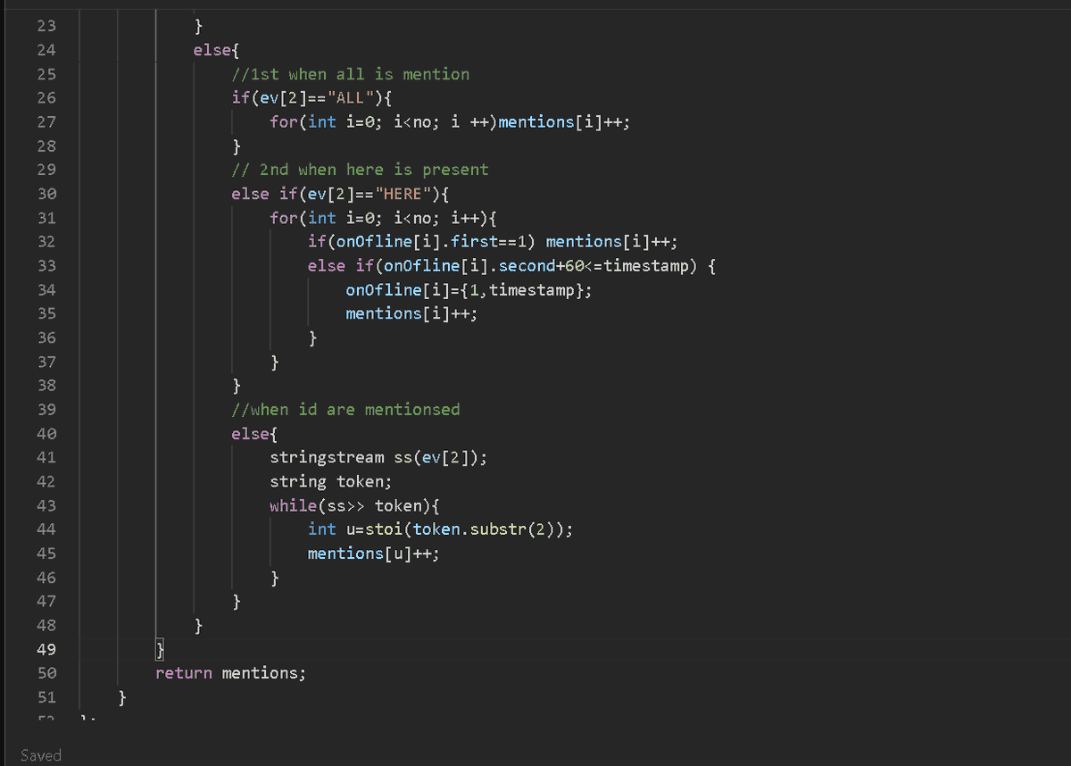 diwa810's tweet image. Day 111 of #100DaysOfCode today solved the #potd on #LeetCode
LC[3433]first sort the event arr on the basis(timestamp &amp;amp; offline)
after that maintain a offline arr
now check event call type if &apos;all&apos; add 1 to every
else for &apos;here&apos;  add 1-online
else to mentioned
#coding #algorithms