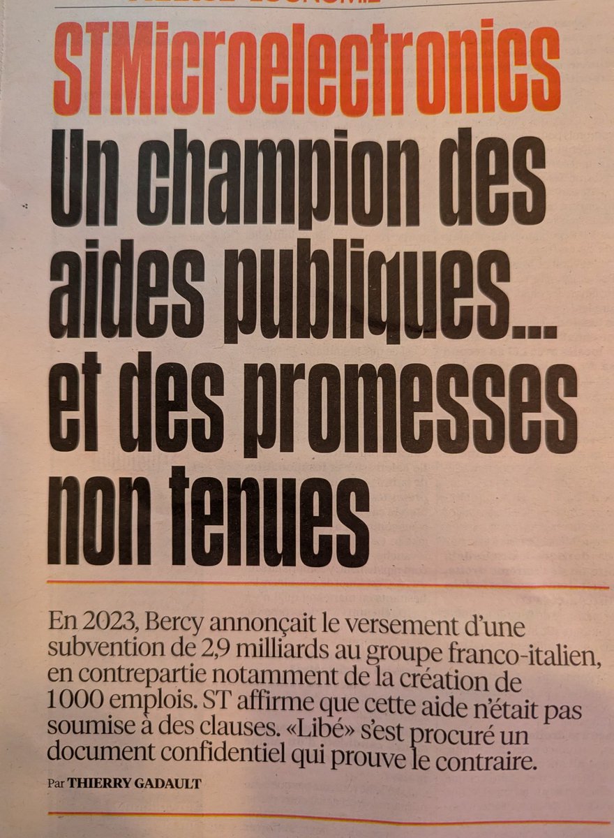 Babar_le_Rhino's tweet image. L'Etat a versé 2,9 milliards à STMicroelectronics contre la création de 1000 emplois (2,9 millions soit 166 ans de SMIC par emploi 😶)

Ils ont créé 200 emplois et en ont supprimé 1000

Lemaire, qui a accordé l'aide, a été recyclé comme consultant d'un de leurs fournisseurs 🥸