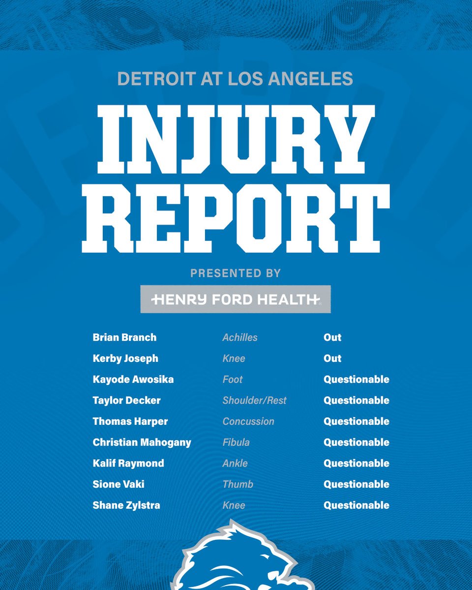 #DETvsLAR injury report presented by Henry Ford Health