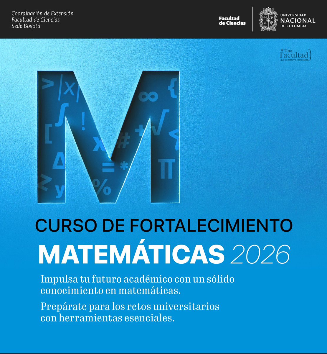 CienciasUNALBog's tweet image. 📚 ¡Refuerza tus Matemáticas con la UNAL!

Curso diseñado para estudiantes de grado 11 y primeros semestres universitarios.

⏰ Horario: Lunes y miércoles 5-7 p.m. | Viernes 5-6 p.m.
📍 Modalidad: Presencial – Sede Bogotá
Más info 👇
ciencias.bogota.unal.edu.co/educacion_cont…

#Matemáticas #UNAL