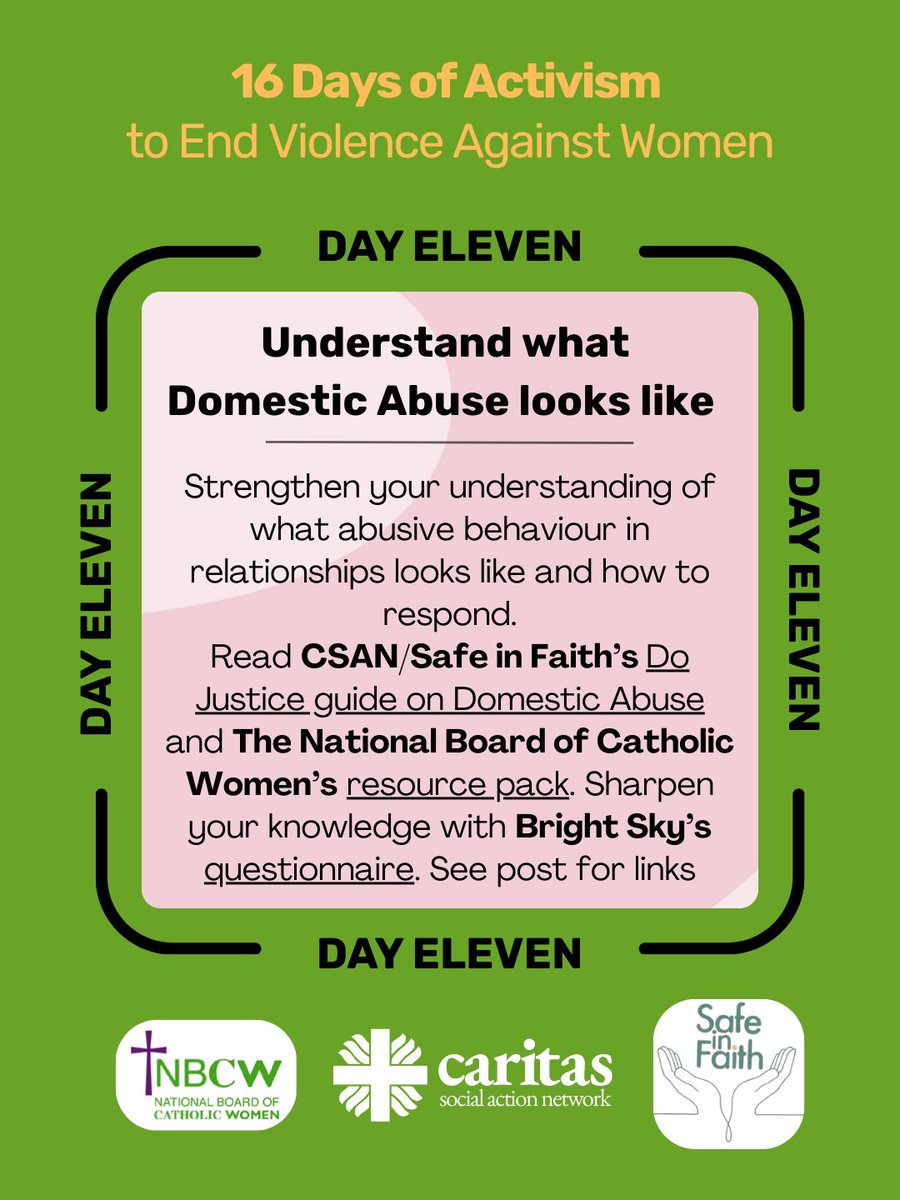 CSANonline's tweet photo. Today is the 11th day of #16daysofaction to end violence against women and girls.
Our calendar today invites Catholics to strengthen their understanding of domestic violence and abuse.
Here are some great places to start ๐
โ@Brightsky's quiz to sharpen your knowledge
๐Our resource on Domestic Abuse made in collaboration with @SafeInFaithUK: https://t.co/obFft2xVc3
๐@_Catholicwomen's Resource Pack on Domestic Abuse: https://t.co/ICRtoku9dV
