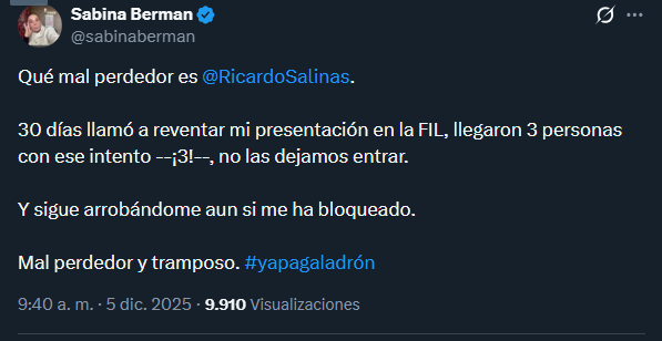 A ver señora <a href="/sabinaberman/">Sabina Berman</a> , vamos a aclarar algo, primero nadie iba a reventar nada, fuimos a cuestionar cosas, pero primero en la entrada no eramos 3 eramos bastantes mas personas que desde el primer filtro NO DEJARON PASAR. Despúes ingresamos su servidora y <a href="/RealArturoH/">Arturo Herrera</a> a