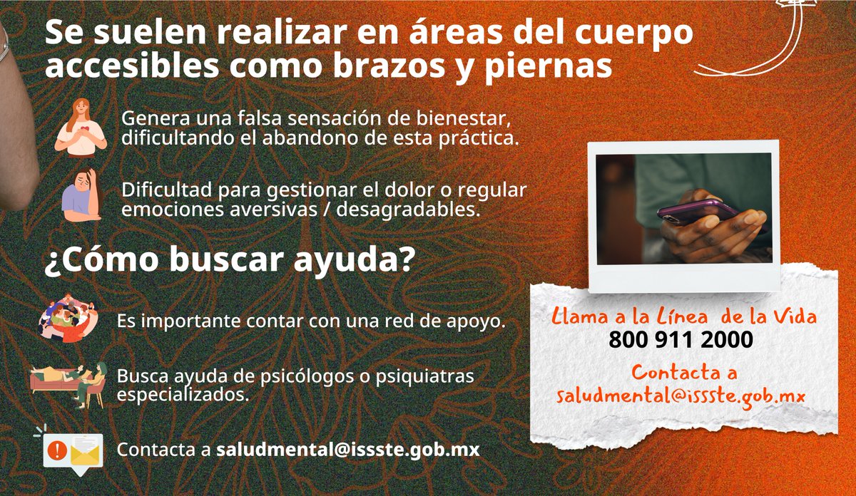 ISSSTE_mx's tweet image. 👂🏻Cada marca es un grito de dolor que necesita ser escuchado. 🧏🏻

Permite que profesionales y seres queridos te ayuden. 🫂

🚨 Si estás en crisis, por favor, contacta a un profesional de la salud. Puedes comunicarte a la #LíneaDeLaVida 📞: 01 800 911 2000, o bien, a través de…