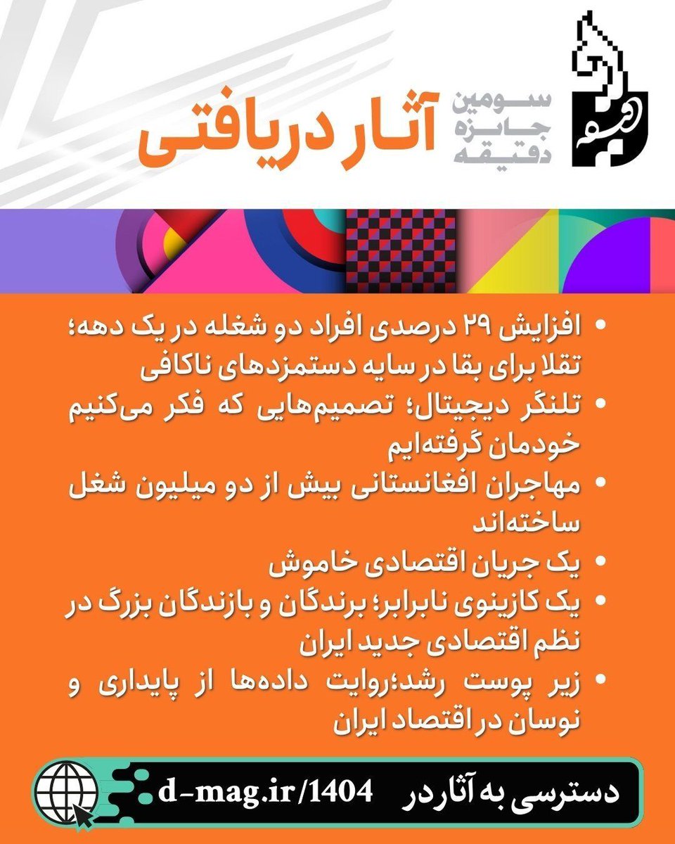 آثار دریافتی در سومین دوره جایزه دقیقه پس از بررسی اولیه برای مطالعه همراهان و انتخاب بهترین اثر از نگاه مخاطبان در سایت مجله تحلیلی دقیقه منتشر می‌شود و به مرور در شبکه‌های اجتماعی جایزه اطلاع‌رسانی می‌شود.

آثار در آدرس زیر در دسترس است:
d-mag.ir/1404

#daward3