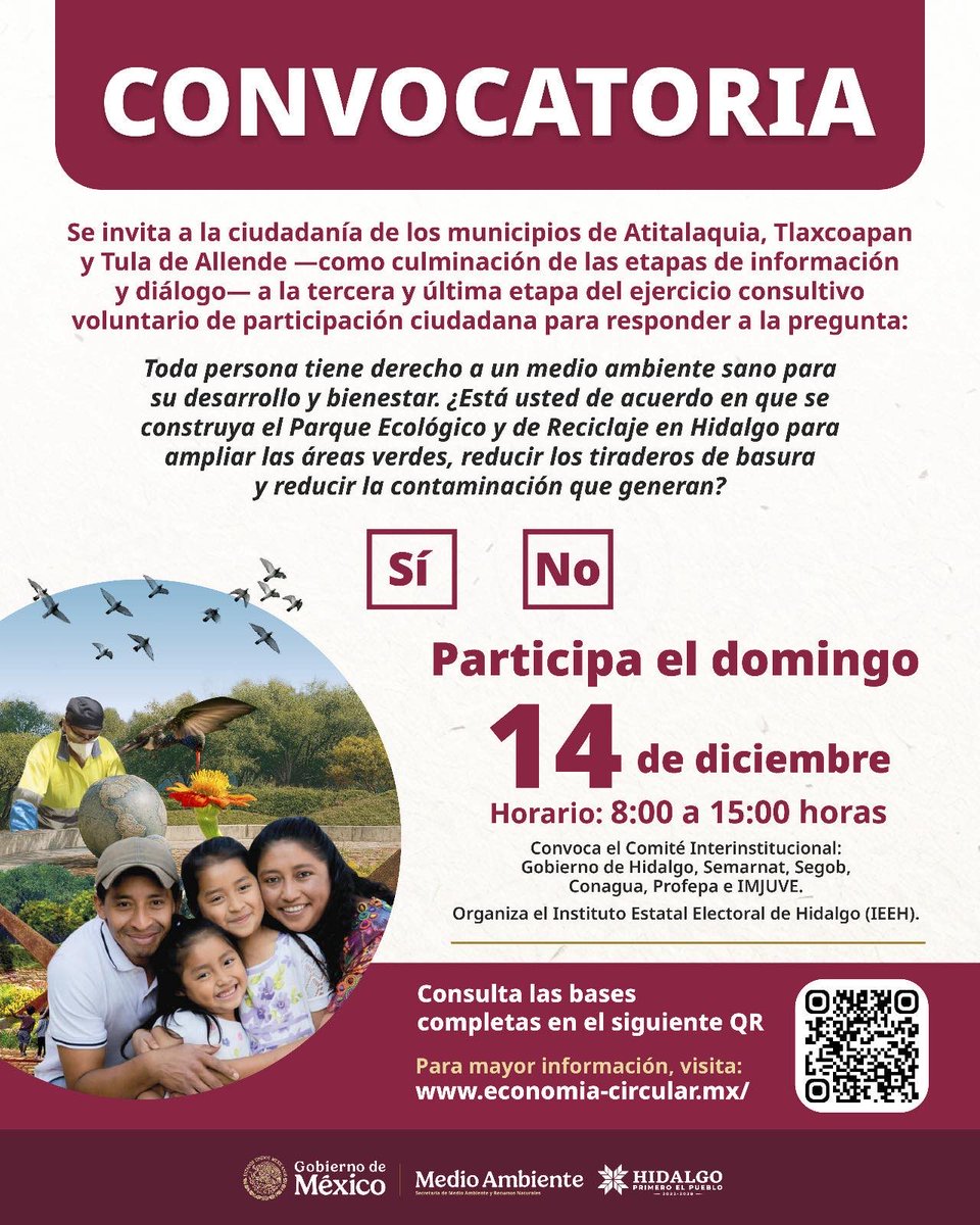 Este domingo 14 de diciembre participa en la consulta ciudadana del Parque Ecológico y de Reciclaje de Hidalgo (PECH)  en Atitalaquia, Tlaxcoapan y Tula de Allende de 8:00 a 15:00 hrs. 🗳️

Conoce más información en: economia-circular.mx  ♻️

#PrimeroElPueblo