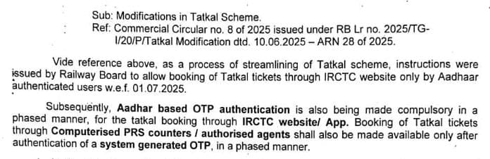 OTP-based authentication for Tatkal bookings in 15 ECoR trains to curb misuse as per RB guidlines.

Tatkal bookings are now secured with a mandatory OTP verification, ensuring safer and faster ticket reservations.

<a href="/EastCoastRail/">East Coast Railway</a> Tatkal OTP Flag enabled trains list mentioned 👇