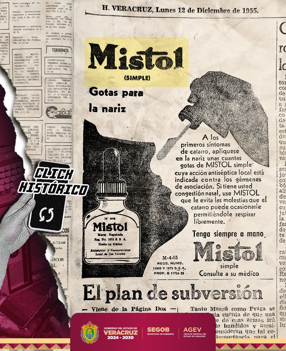 En los cincuenta, la solución para el catarro venía en un frasquito: Mistol, unas gotas nasales que prometían aliviar de inmediato. El anuncio era claro: “Aplíquese unas cuantas gotas de Mistol. Consulte a su médico.”

#ClickHistórico #PublicidadRetro #HemerotecaAGEV