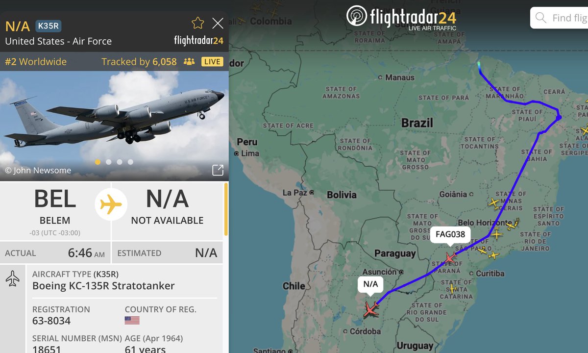 Los reabastecedores ya sobre espacio aereo argentino, y el T-99 de la FAA sobre Brasil
#F16  #f16argentina