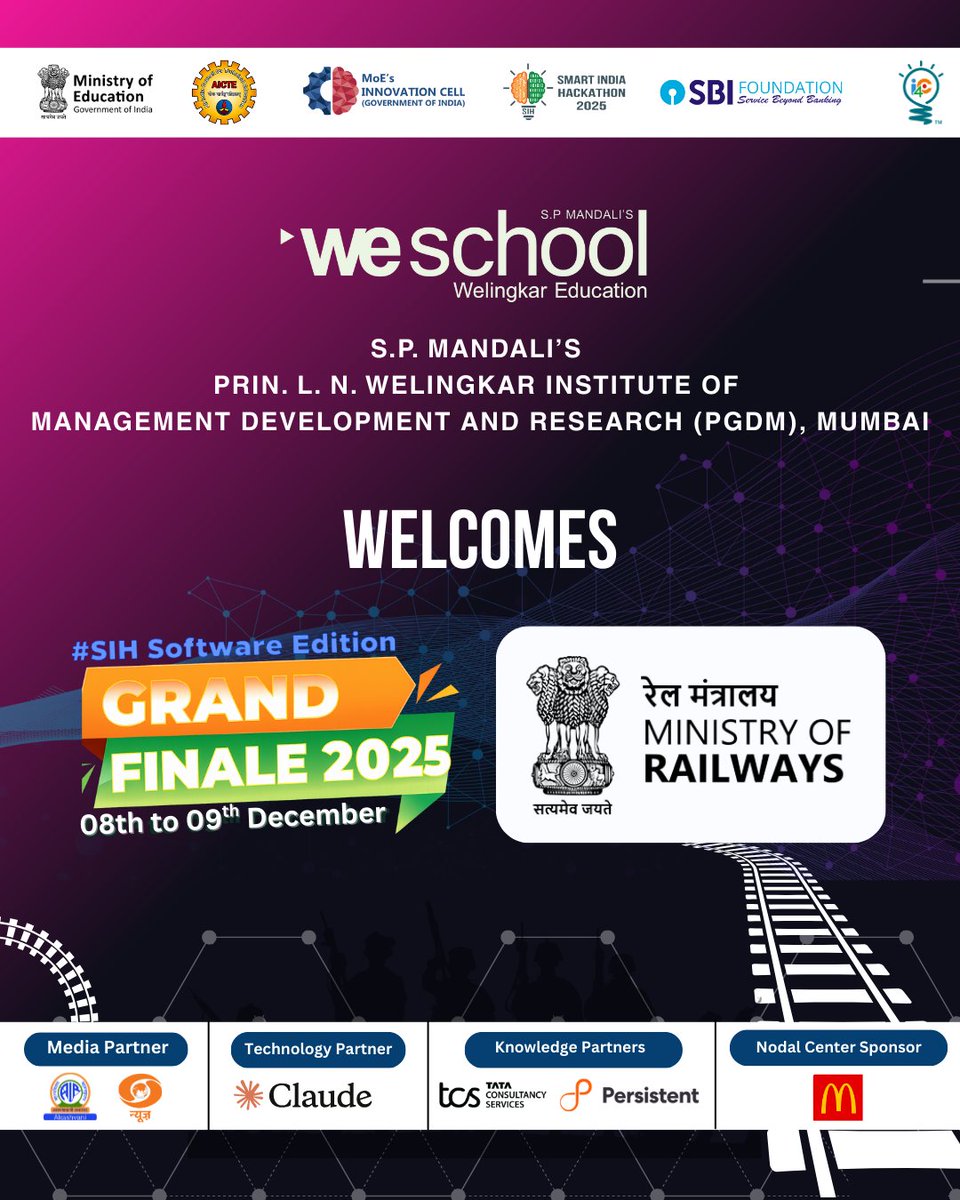 WeSchool proudly welcomes the Ministry of Railways to the SIH 2025 Grand Finale — where innovation meets national impact.
#SmartIndiaHackathon #SIH2025 #WeSchool #Welingkar #MinistryOfRailways