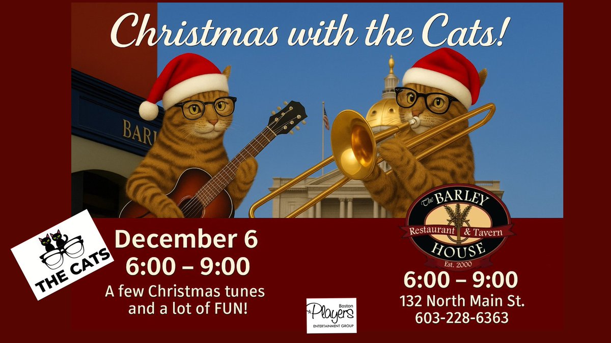 Join us at The Barley House for Christmas w/ The Cats on Dec 6th at 6 PM! Enjoy festive tunes and classics with our playful duo. Let the holiday spirit soar! 🎶🐱 #ChristmasWithTheCats #LiveMusic #HolidayFun
