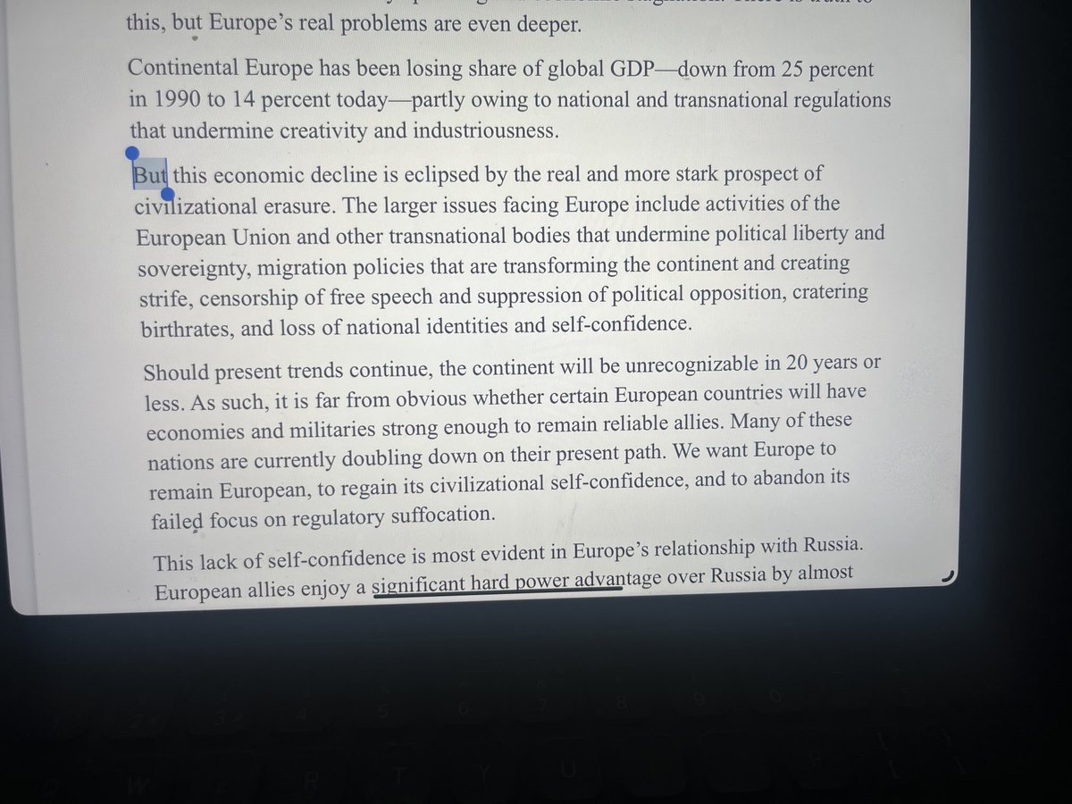 Excerpt from the Trump administration’s new national security strategy which believes Europe faces “civilisational erasure”      and “lacks self confidence in its relationship with Russia”.  I wonder if this has anything to do with US policy on Ukraine