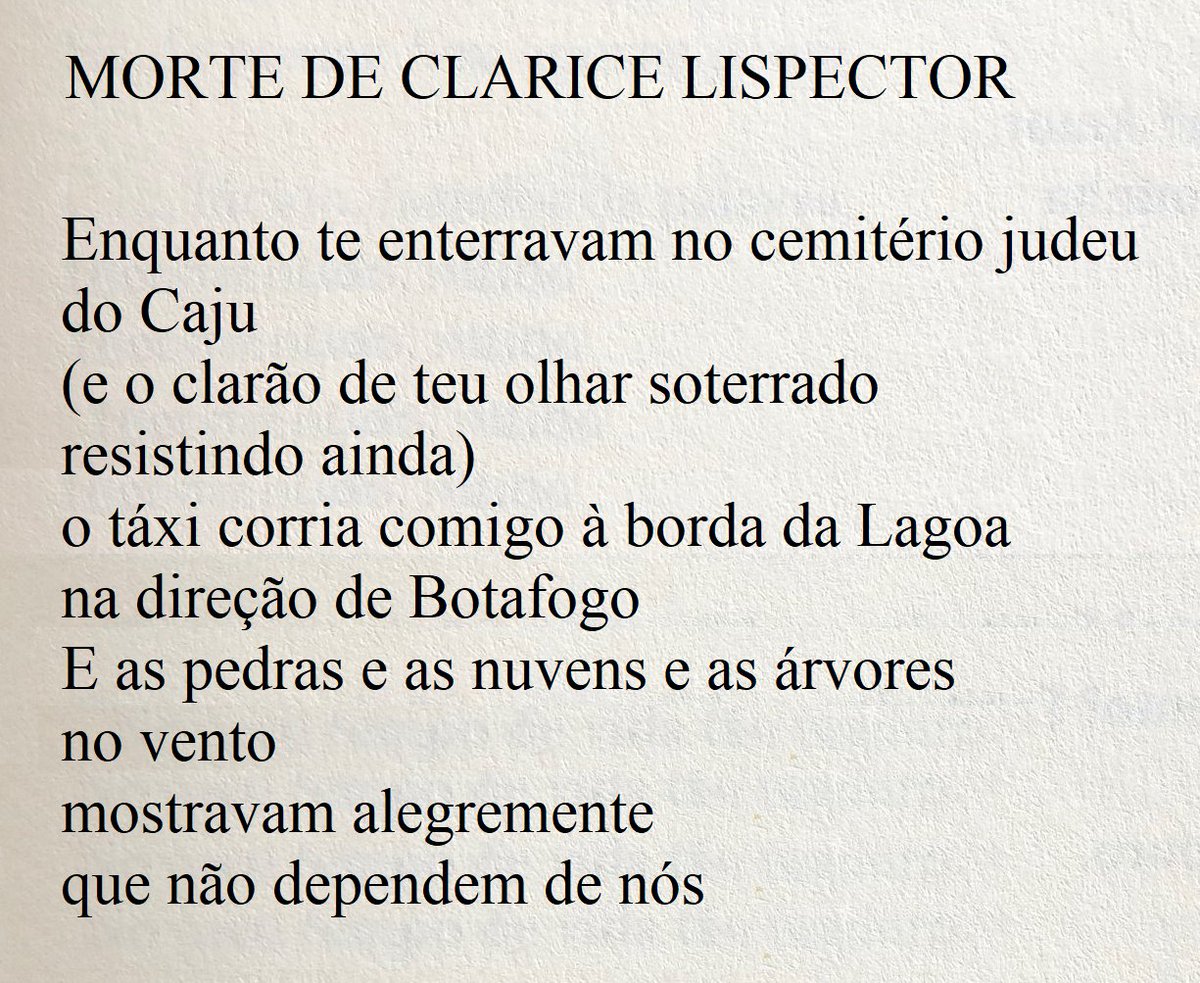 dallowayclrss's tweet photo. O poema “Morte De Clarice Lispector” por Ferreira Gullar. 

 Clarice Lispector faleceu no dia 9 de dezembro de 1977, no Rio de Janeiro, um dia antes de completar 57 anos. https://t.co/RNsrX8PQRw