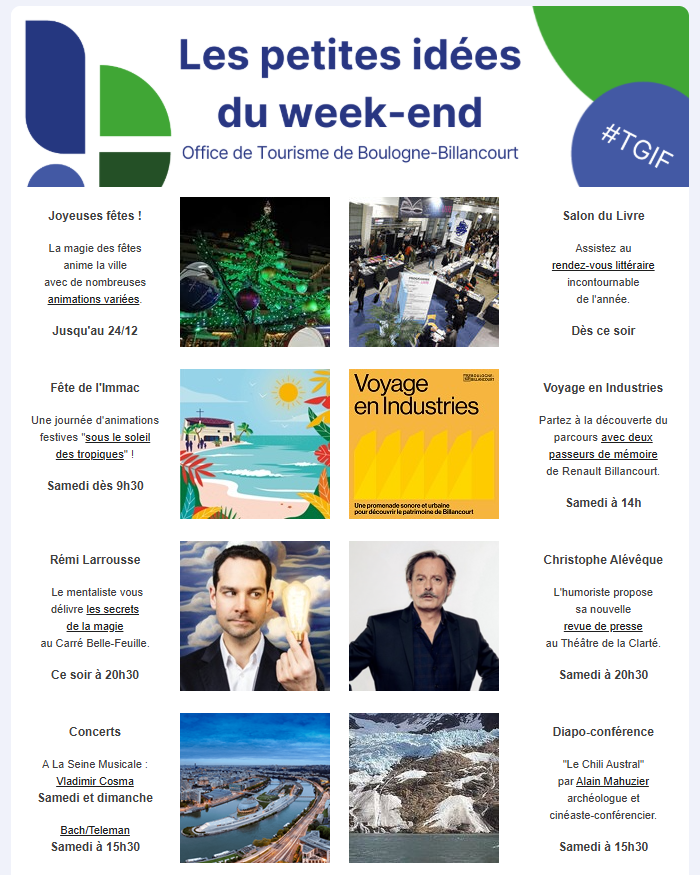 Que de belles choses à faire ce #weekend à #BoulogneBillancourt ! 😍

Retrouvez les détails ici 👉 tinyurl.com/TGIF0512 ⬅️

<a href="/Ville_BoulogneB/">Ville de Boulogne-Billancourt</a> <a href="/BoulogneCulture/">Boulogne-Billancourt Culture</a>