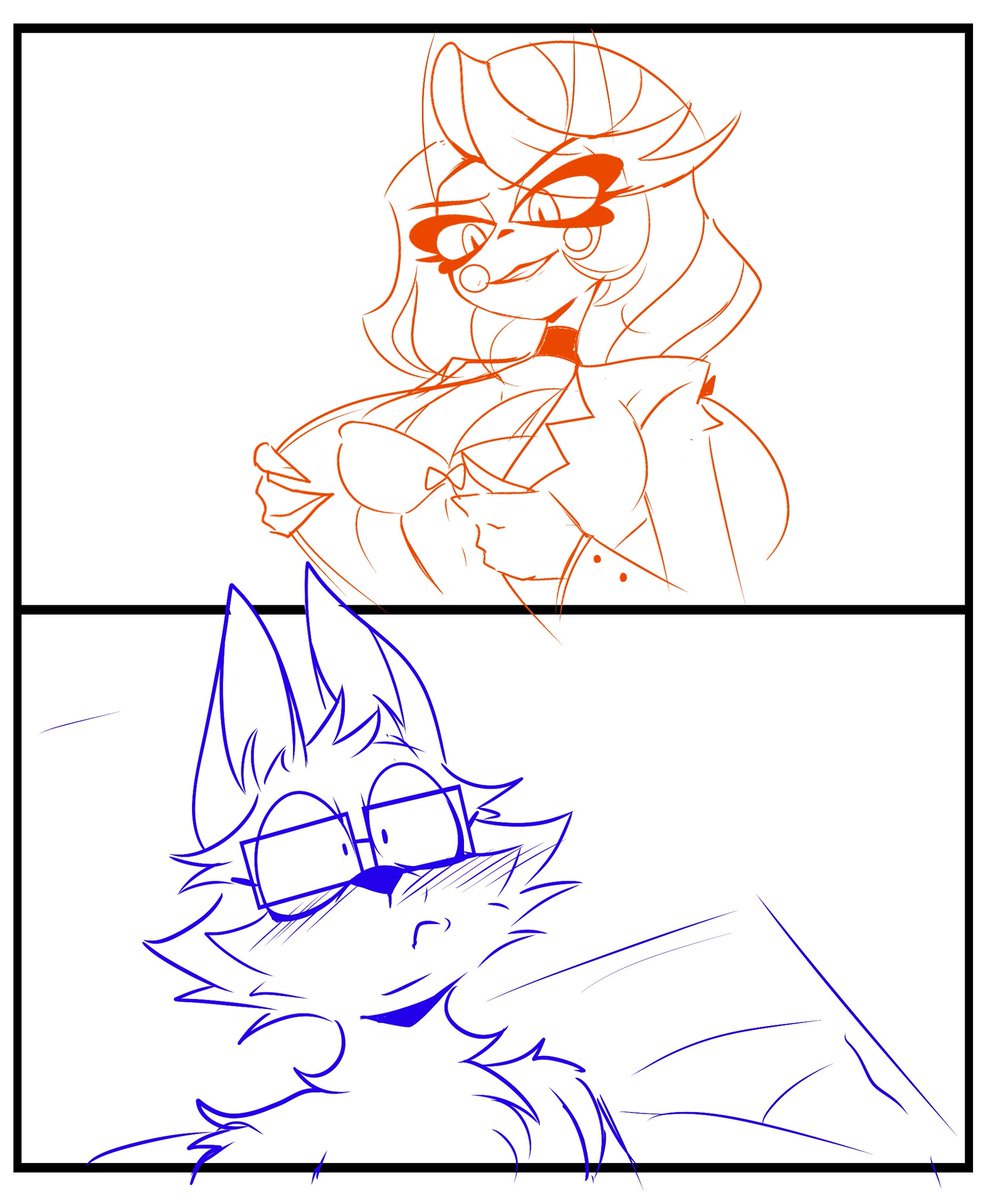 Hazbin Hotel commission I got a while back. My fursona looking flustered in bed with Charlie Morningstar 😳. Unfinished since it’s not colored, but that's fine I still like it ❤️. Art made by <a href="/pichonansfw/">Pichona_chan 🩷 (closed commissions)</a>