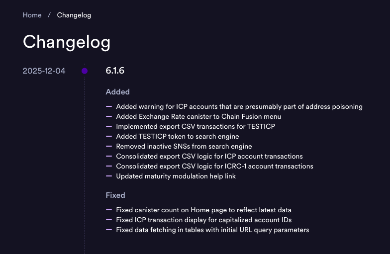 DFINITYDev's tweet image. 🚨  ICP Dashboard 6.1.6 has been released.

💡 Did you know that we publish all changes to the dashboard in a global changelog?

🔗 Full changelog: dashboard.internetcomputer.org/changelog